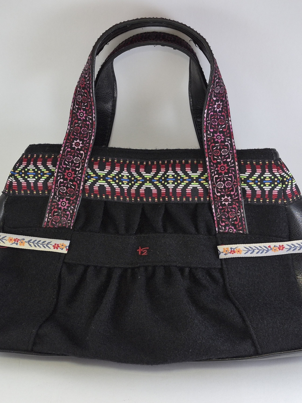 Vintage Embroidered Black Tote Bag with Pink Accent Straps